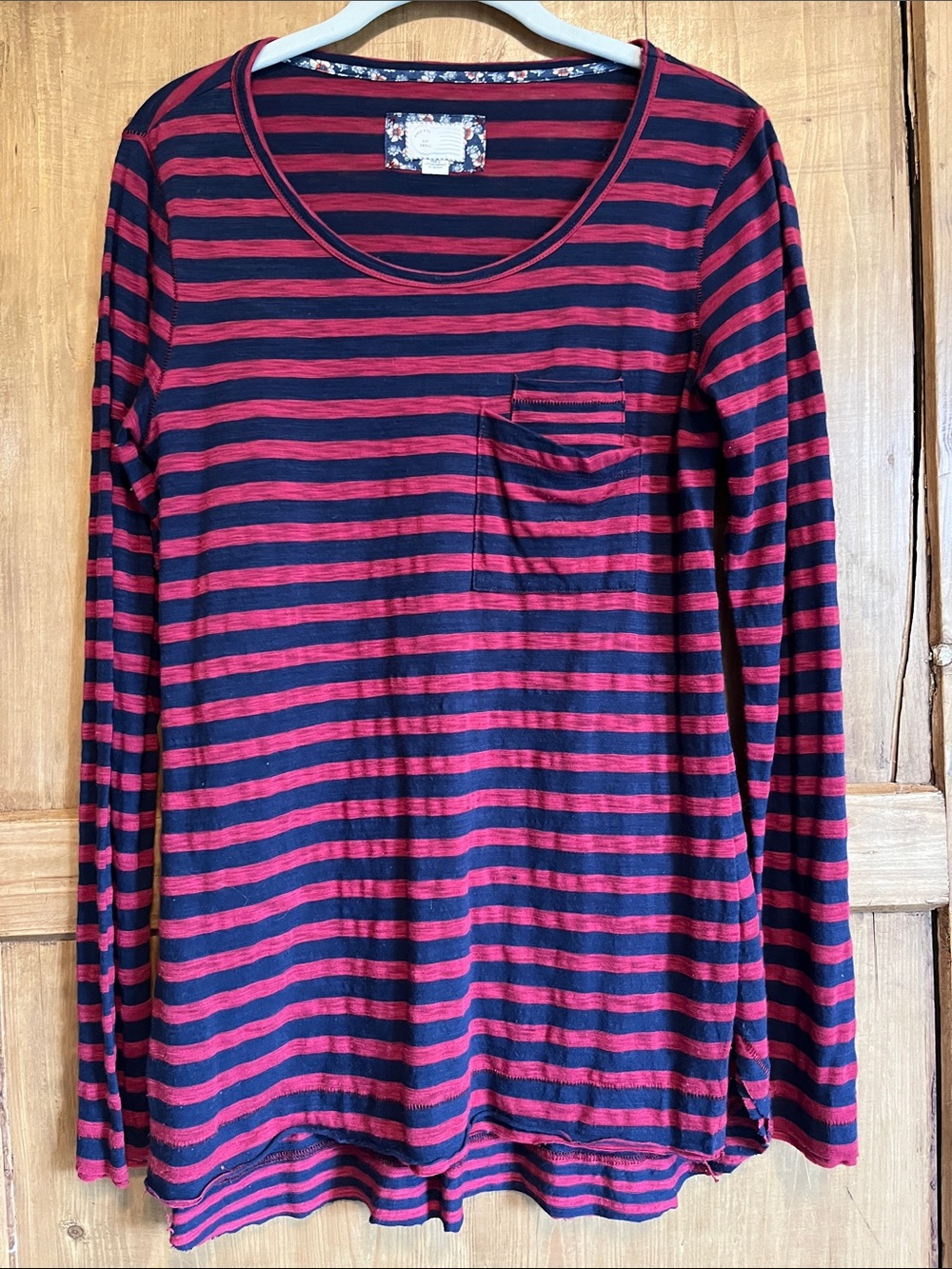 Anthropologie Navy and Maroon Red Striped Long-Sleeve Tee Small